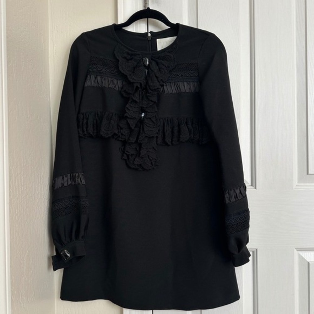 KARTA Black Ruffle Bib Mini Dress -‎ Victorian Lace & Satin Details - Size S